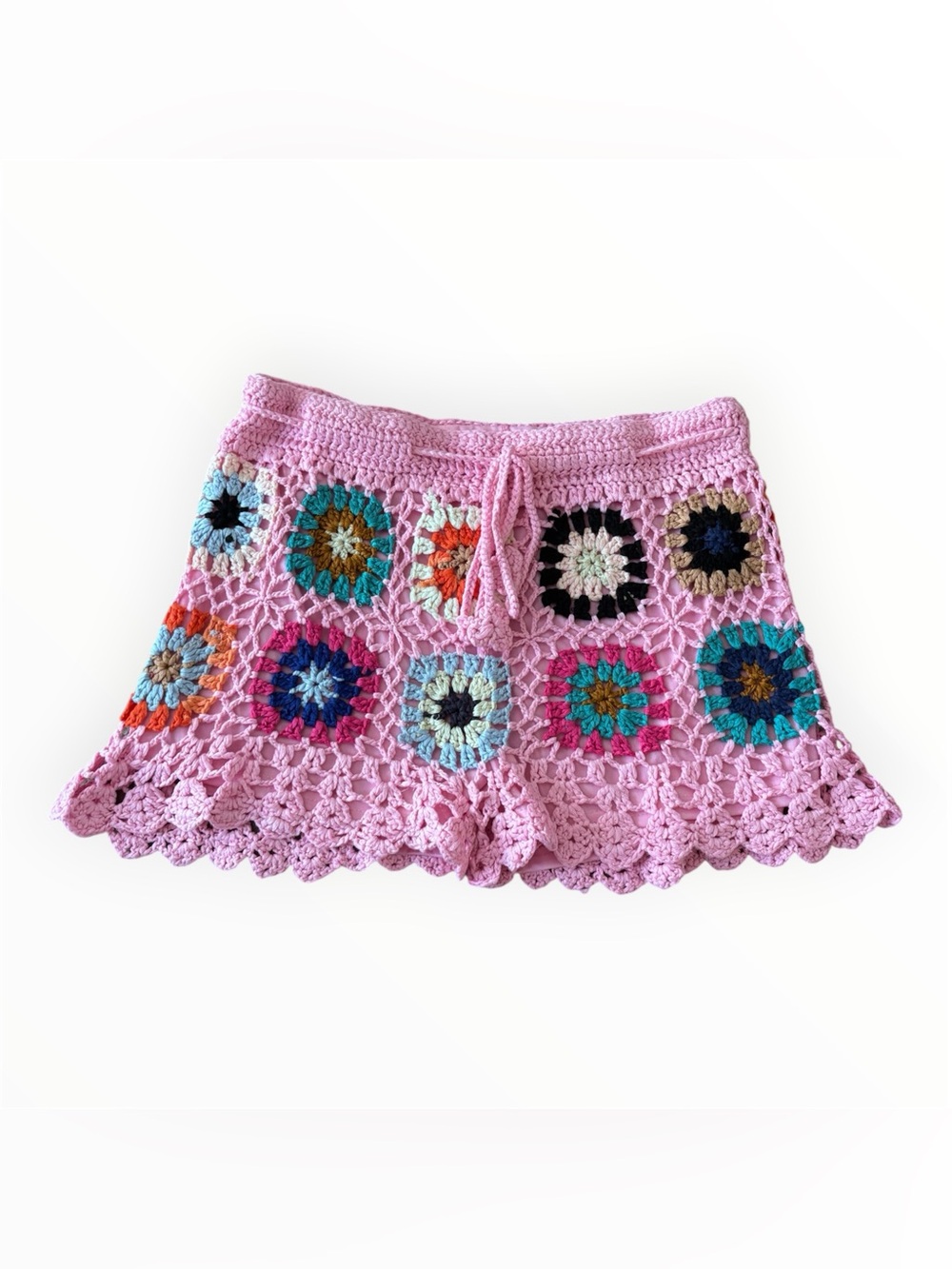 India Boutique Pink Crochet High-Waist Multicolor Granny Square Shorts | Size L